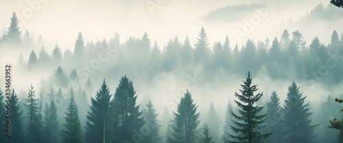 Misty landscape pine forest background retro style. Natural background. 
