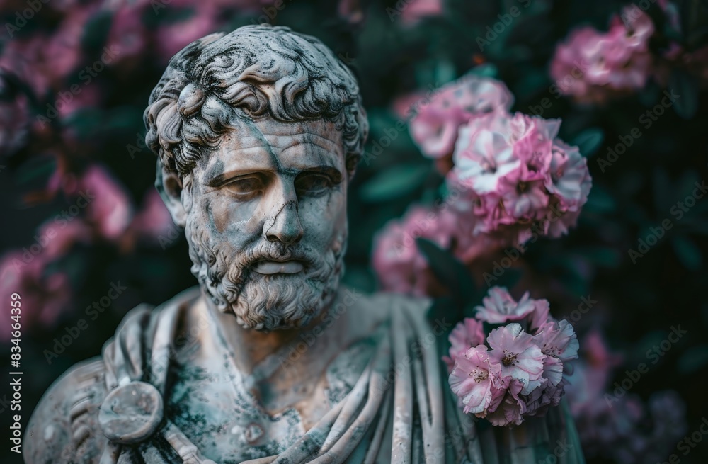 ancient statue in garden with pink flowers ancient statue in garden with pink flowers