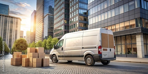 Cargo van delivering parcels in urban city setting , delivery, transportation, logistics, urban, city, cargo, van, parcels, packages, shipping, courier, traffic, street photo
