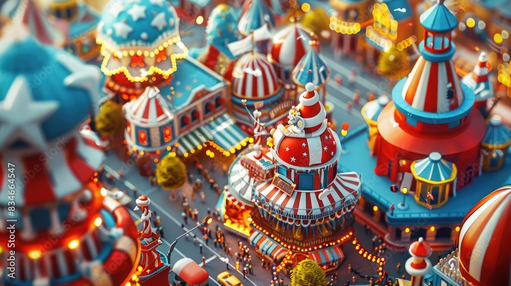 A miniature cityscape with vibrant red, white, and blue buildings, creating a festive and whimsical atmosphere. A miniature cityscape with vibrant red, white, and blue buildings, creating a festive and whimsical atmosphere.