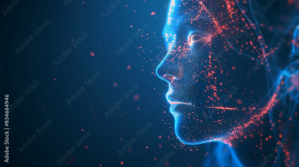 A blue digital grid forms a human face profile with scattered red particles, conveying tech and data concepts A blue digital grid forms a human face profile with scattered red particles, conveying tech and data concepts