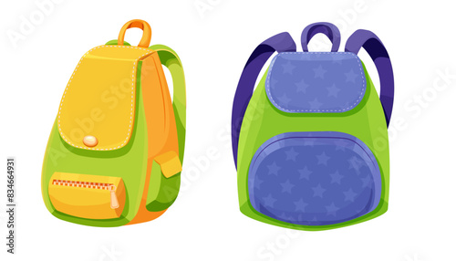 School backpack knapsack study bag, equipment, kids bag with pockets bright colors isolated on white background. Accesory for suplies, baggage.