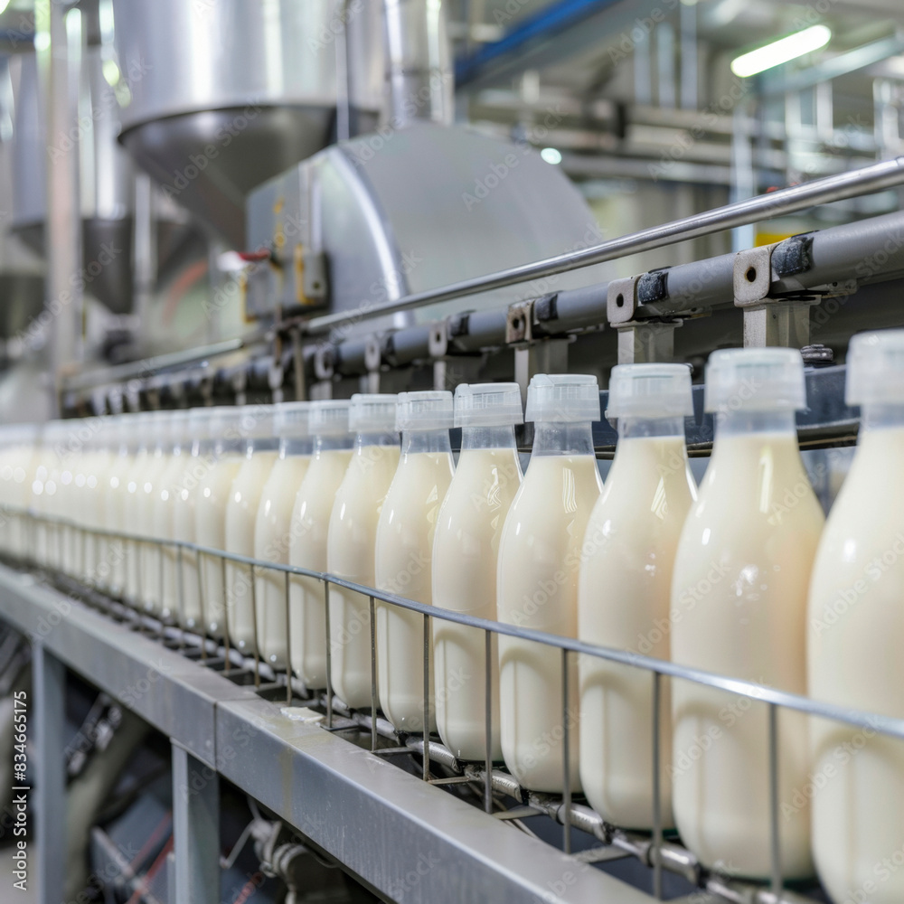 Fototapeta premium Production line of milk and yogurt at dairy processing plant