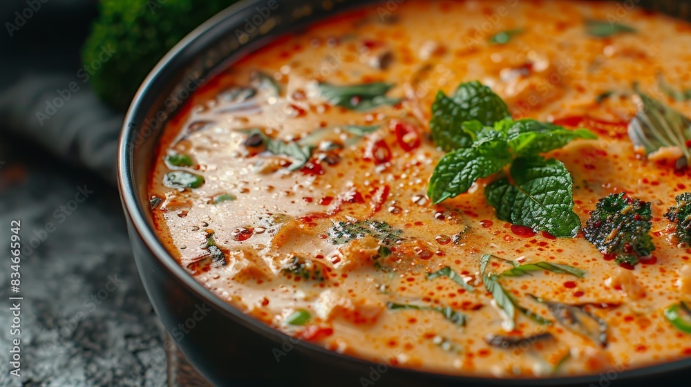  A tight shot of a steaming bowl of soup, adorned with a colorful garnish of leaves atop, and a solitary floret of broccoli situated nearby