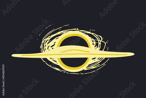 Vector illustration of a black hole with texture on a black background. Universe, cosmos and astronomy in flat cartoon style. Celestial body in deep space, cosmic mystery, educational materials