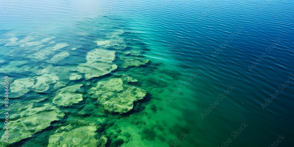 Fototapeta premium Aerial view of vibrant green and blue algae bloom in a lake. Concept Aerial Photography, Algae Bloom, Lake, Vibrant Colors, Nature Beauty