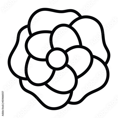 Camellia, editable icon. Blooming flower head. Volume petals, close-up view. Botanical illustration in minimalistic style. Thin strokes, linear flat vector