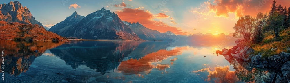 Fototapeta premium The setting sun casts a golden glow on the tranquil mountain lake, painting a breathtaking scene of serenity and natural beauty.