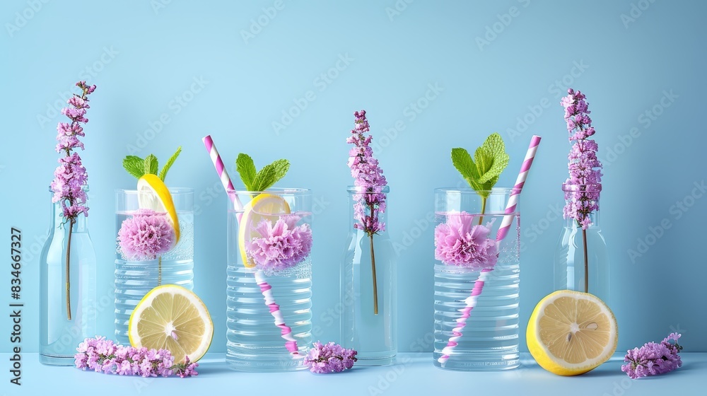 A collection of vases, each holding an assortment of flowers and lemon slices, accompanied by drinking straws garnished with lemons or blooms, set against a tranqu A collection of vases, each holding an assortment of flowers and lemon slices, accompanied by drinking straws garnished with lemons or blooms, set against a tranqu