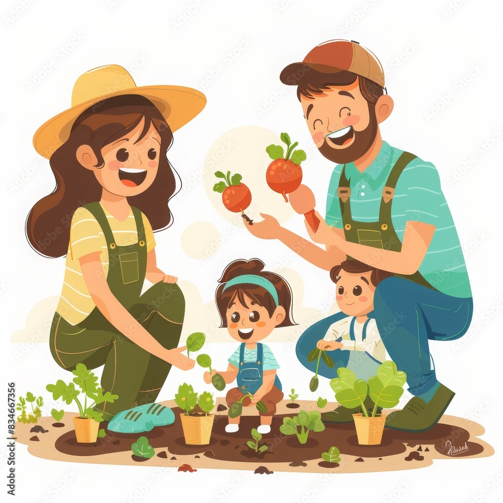 Happy family of four harvesting vegetables in the garden Happy family of four harvesting vegetables in the garden