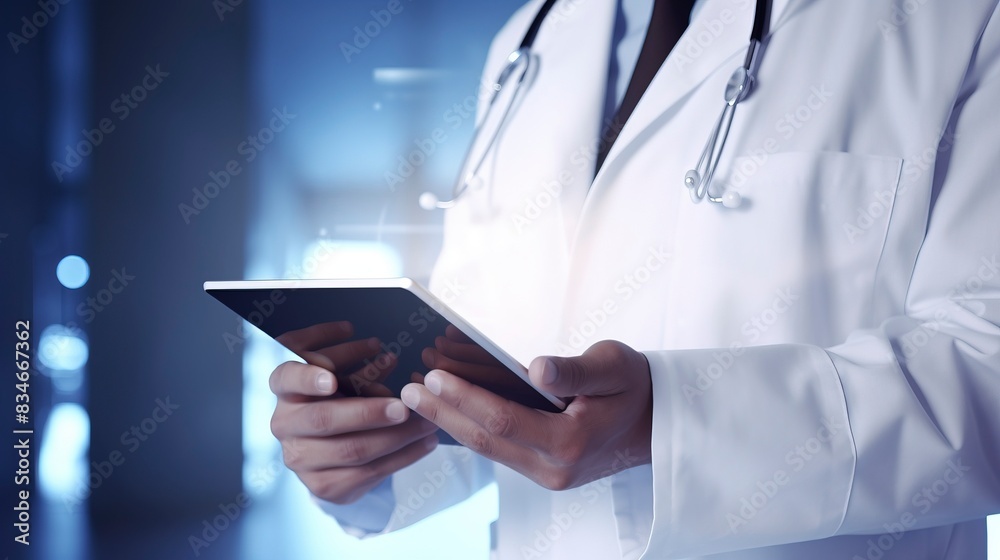 Doctor using digital tablet, modern technology in medicine and healthcare concept , one color background, copy space, generative ai Doctor using digital tablet, modern technology in medicine and healthcare concept , one color background, copy space, generative ai