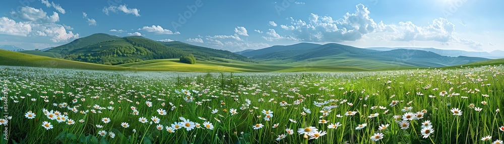 Green meadow with white wildflowers and mountains in the background. Green meadow with white wildflowers and mountains in the background.