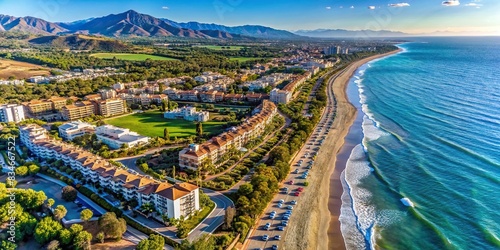 Aerial view of a luxurious coastal resort in Costa Del Sol, Marbella, Andalusia, Spain, surrounded by the serene sea and Las Chapas Dunes , resort, coastal, luxury, vibrant, sea, beach photo