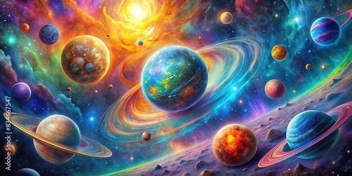 Colorful psychedelic galaxy with planets in space , psychedelic, colorful, galaxy, space, planets, stars, celestial, abstract, vibrant, cosmic, universe, surreal, dreamlike, astronomy