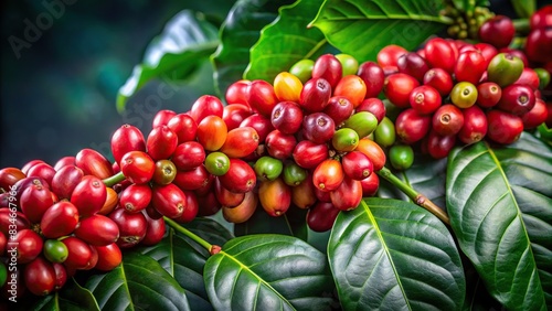 Fresh Arabica Coffee beans ripening isolated on alpha background, Arabica, Coffee, Beans, Ripening, Fresh, Organic, Harvest, Agriculture, Plantation, Growth, Green, Natural, Roasting photo