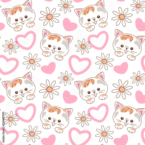 Seamless vector pattern of cute cat head, hearts and flowers on white background, design for textile print, wallpaper, decorative pet love background