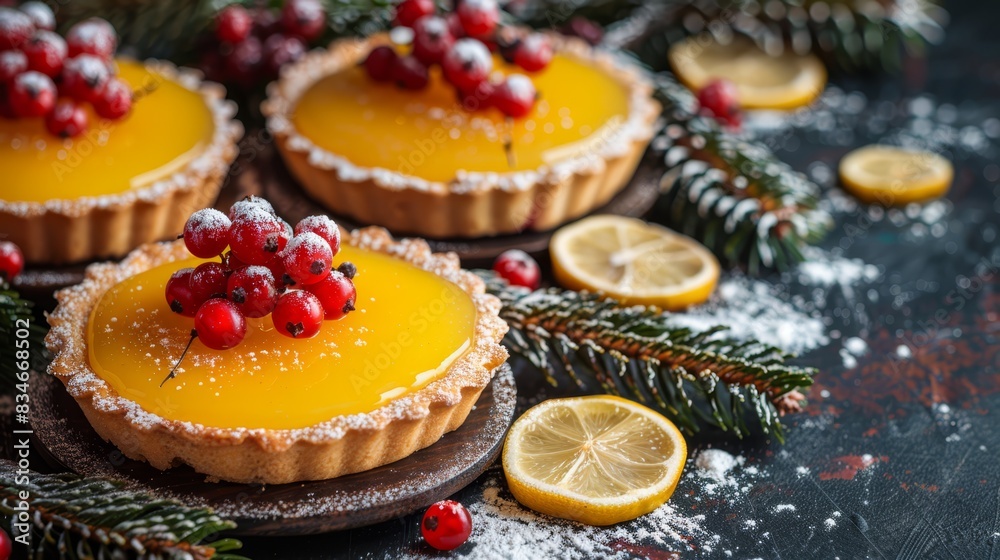 tarts coated in icing, garnished with cranberries Nearby, lemon slices rest separately