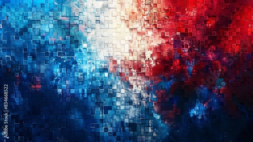 Pixel art of the France flag as a mosaic of blue, white, and red squares. Colorful dynamic cubes