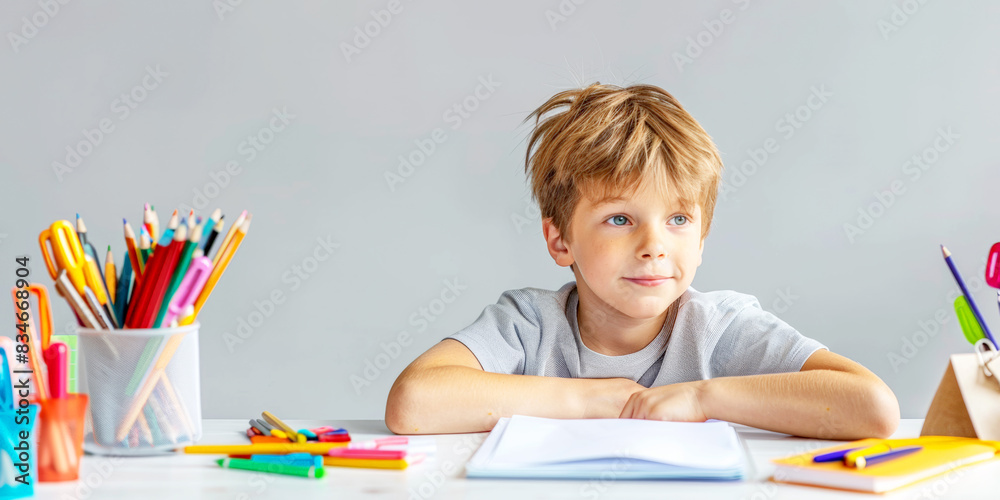 Young boy in a yellow sweater sitting at a desk with colorful pencils and notebooks, looking thoughtful. Young boy in a yellow sweater sitting at a desk with colorful pencils and notebooks, looking thoughtful.