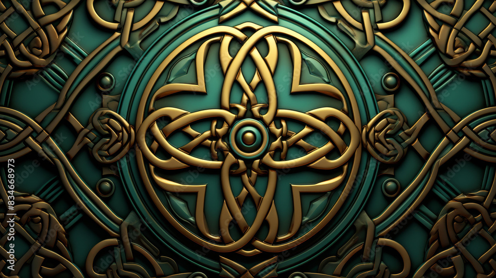 Stunning Celtic knot texture in classic green and gold, with intricate details and highquality, realistic illustration. Stunning Celtic knot texture in classic green and gold, with intricate details and highquality, realistic illustration.