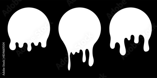 Paint drip circle labels. White paint liquid. Ink drop set. White inkblot.