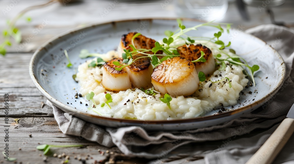 Seared Scallops on Creamy Risotto with Fresh Microgreens Gourmet Dish Seared Scallops on Creamy Risotto with Fresh Microgreens Gourmet Dish
