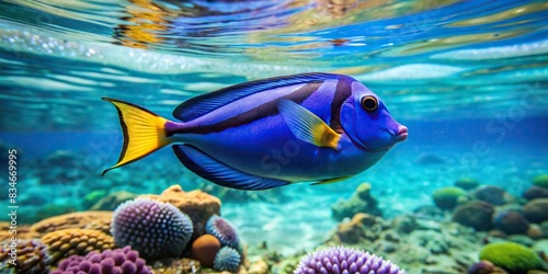 A vibrant Dory fish swimming in crystal clear waters of the Indo-Pacific ocean, Blue tang, regal tang, palette surgeonfish, royal blue tang, hippo tang, flagtail surgeonfish photo