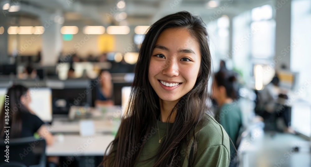 smiling asian woman in office environment smiling asian woman in office environment