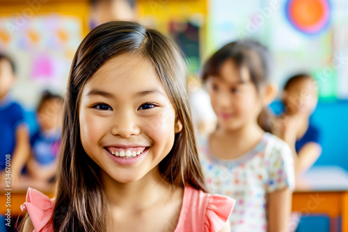 Young girl smiling with other children blurred in the background, creating a joyful classroom atmosphere.