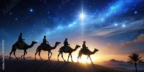 Silhouette of three wise men riding a camel on star path to meet Jesus at birth   Three wise men  camel  silhouette  star path  journey  Christmas  religious  biblical  nativity  sky