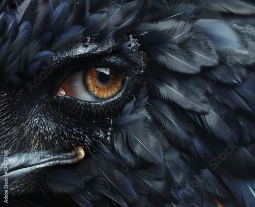 Intense eye of a dark bird with feathers