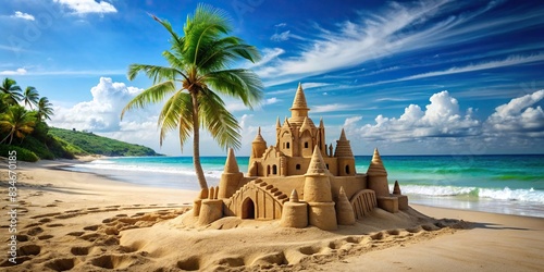 Empty tropical beach with a detailed sand castle in the foreground , sand, castle, beach, summer, sunny, palm trees, vacation, tropical, ocean, shore, coastline, relaxation, leisure photo