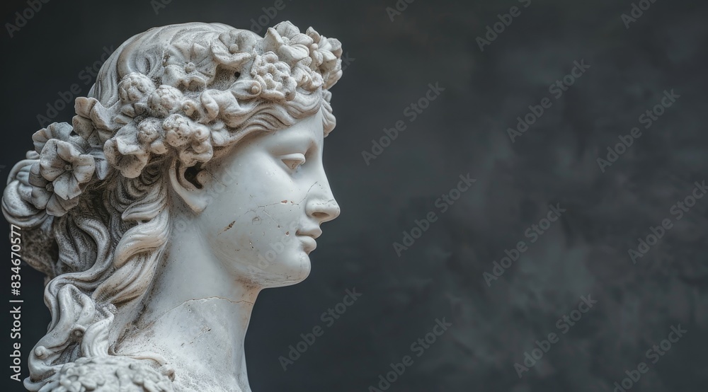 Ornate marble sculpture of a human face with floral crown Ornate marble sculpture of a human face with floral crown