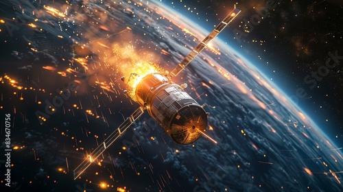 A dramatic image of a satellite reentering Earth's atmosphere, surrounded by fiery streaks as it burns up upon reentry, highlighting the end of its mission photo