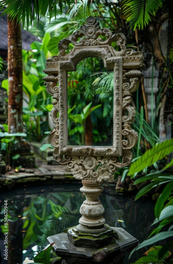 Ornate antique mirror in lush tropical garden Ornate antique mirror in lush tropical garden
