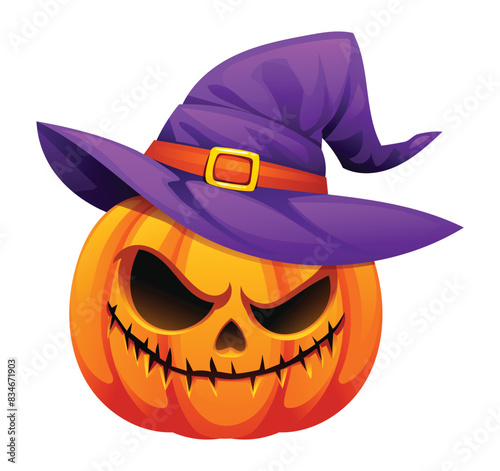 Scary halloween pumpkin with witch hat. Vector cartoon character illustration