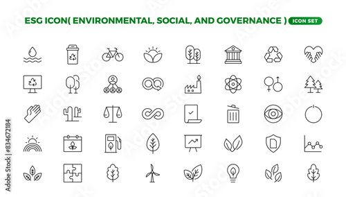 ESG icon set,Environmental, Social, and Governance line icon. ESG outline icons with editable stroke collection. Includes Sustainability, Solar Panel, Recycling, Green City, vector illuatration.