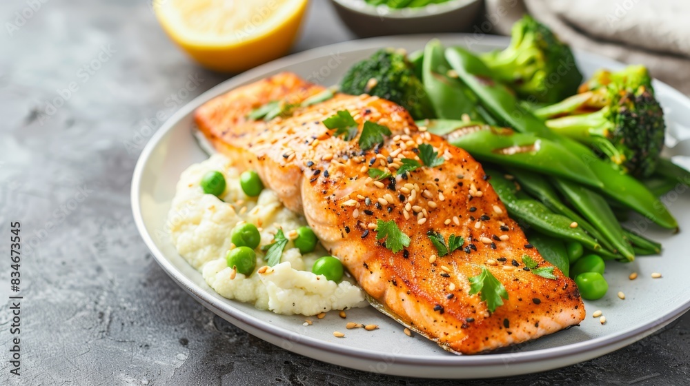 A plate of salmon, broccoli, cauliflower, and mashed potatoes , served with a side of steamed broccoli and lemon wed A plate of salmon, broccoli, cauliflower, and mashed potatoes , served with a side of steamed broccoli and lemon wed