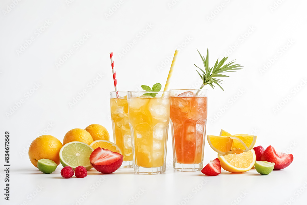 Fototapeta premium Refreshing Citrus and Strawberry Iced Tea with Ice Cubes in Glasses with Straws