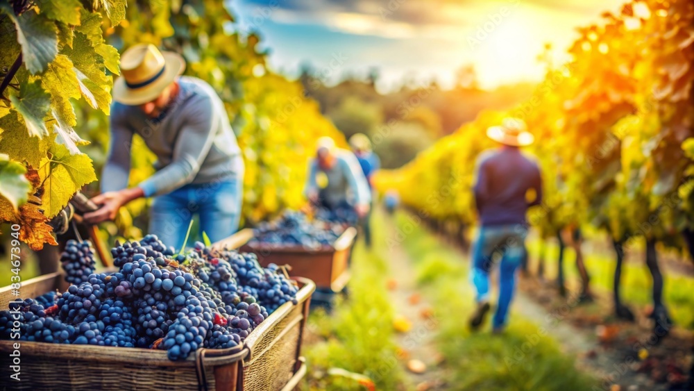 Fototapeta premium Vineyard workers harvesting grapes for wine production during the autumn harvest season