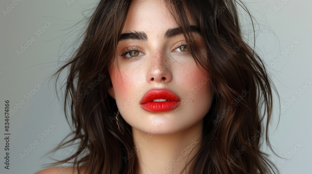 red lipstick smudge on cheek, long dark brown hair, white top worn, red lips defined red lipstick smudge on cheek, long dark brown hair, white top worn, red lips defined