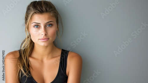  A tight shot of an individual in a tank top, hands on hips, gazing at the camera with a serious expression