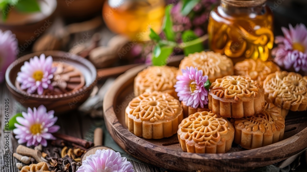 A wooden table holds a plate topped with cookies, adjacent to an arrangement of flowers Nearby sits a jar of honey Separately, a bowl and another jar of honey rest on A wooden table holds a plate topped with cookies, adjacent to an arrangement of flowers Nearby sits a jar of honey Separately, a bowl and another jar of honey rest on