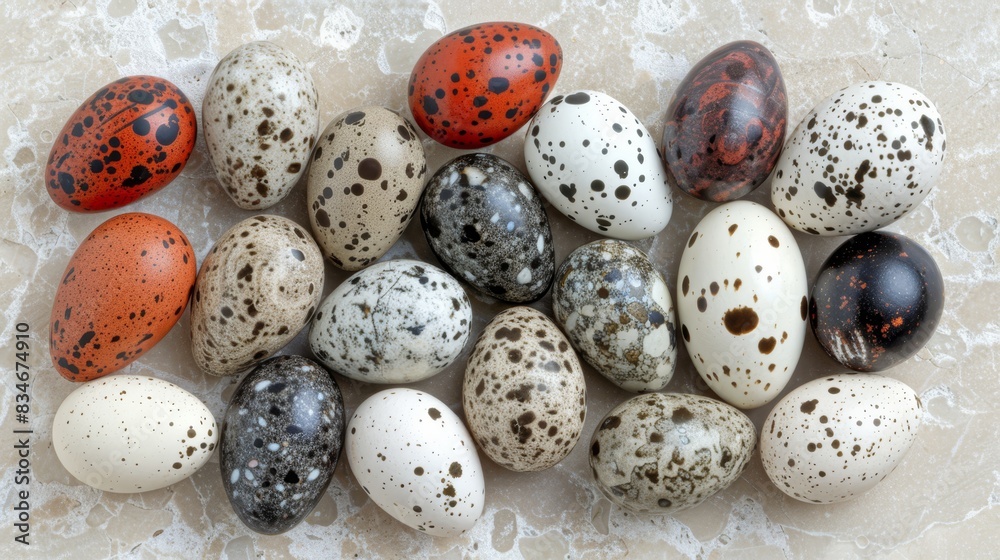 A group of speckled eggs sits atop a marble counter, distinguished by their brown, white, and black speckles The center showcases more speckled eggs A group of speckled eggs sits atop a marble counter, distinguished by their brown, white, and black speckles The center showcases more speckled eggs