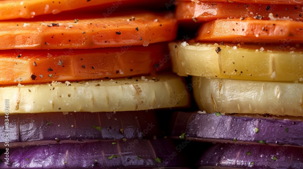 Fototapeta premium A close-up of a heap of carrots and beets, topped with seasoning on the carrot peaks