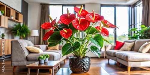 Vibrant red anthurium plant adding elegance to a modern living room , anthurium, plant, indoor, elegance, contemporary, decor, modern, home, interior, vibrant, red, colorful, beauty