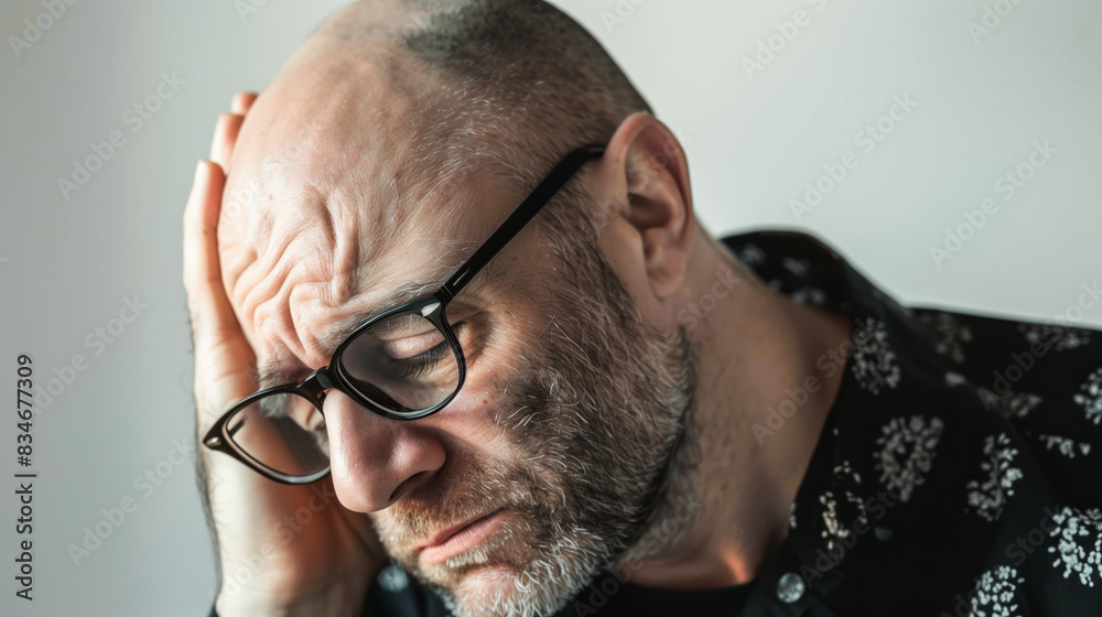 Obraz premium bald man looking at head with few hairs, hair loss