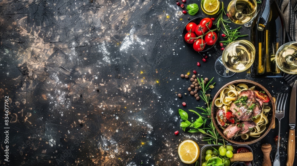 A table holds a bowl of pasta, a glass of wine, and a plate of food The setup includes utensils on the table A table holds a bowl of pasta, a glass of wine, and a plate of food The setup includes utensils on the table