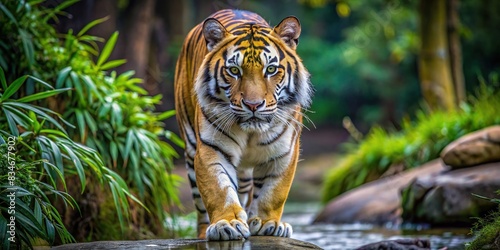 A majestic adult tiger navigating through the wilderness, focused on hunting prey , tiger, wild, nature, walking, hunting, carnivore, striped, feline, powerful, wilderness, predator photo