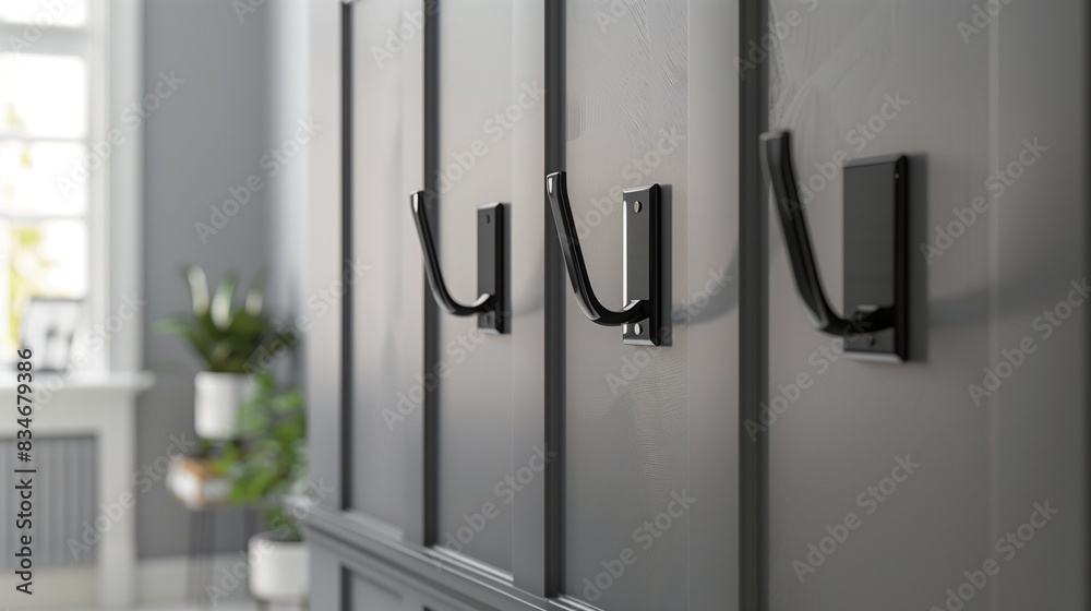 Minimalist black metal wall hooks with clean lines in a modern entryway, modern home decor Minimalist black metal wall hooks with clean lines in a modern entryway, modern home decor